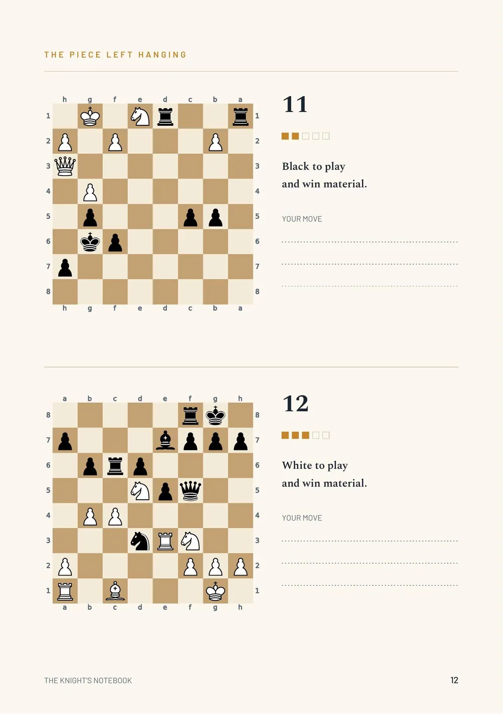 Page 12 of Beginner Book No. 1: two chess puzzles from the chapter The piece left hanging